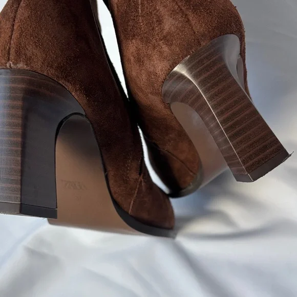 Zara Elegant Dark Brown Suede - Block Heeled Boots size 6.5 US size higher ankle - Picture 10 of 11